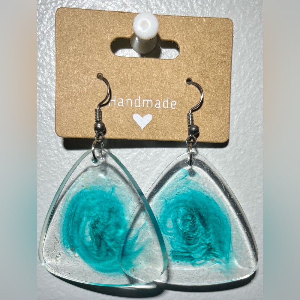 Handmade Teal Triangle Resin Earrings
